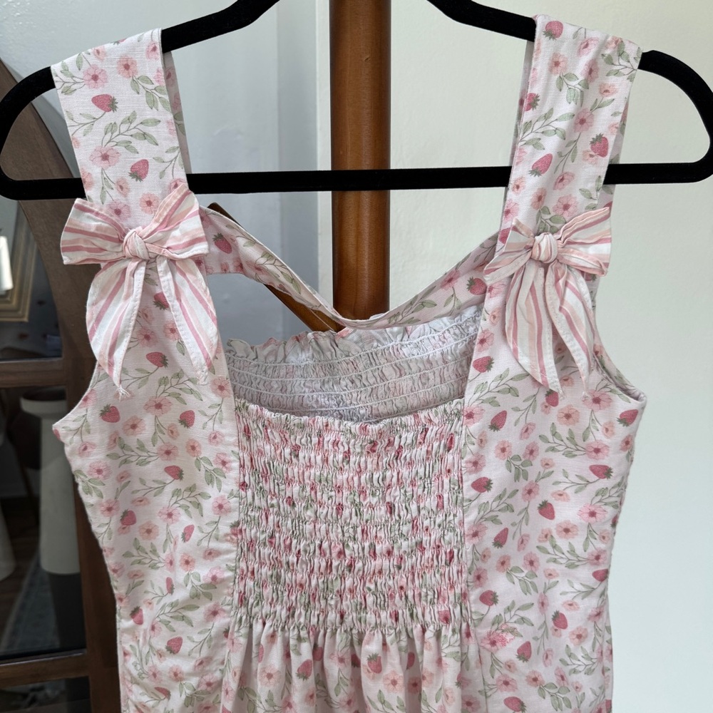 Pink Floral Strawberry Smocked Sundress with Bow Straps